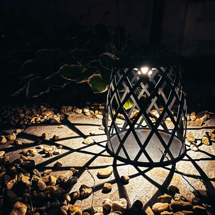 lampa solarna nocą w ogrodzie